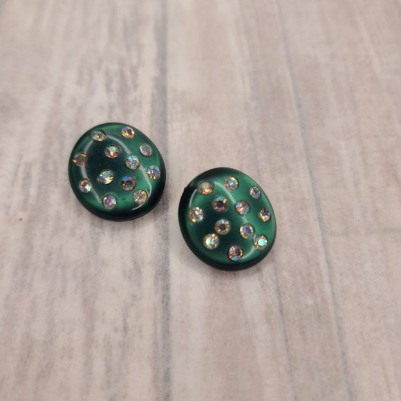 Moonglow Lucite Emerald Green Earrings with AB Crystals. Vintage Pinup Retro - Picture 7 of 9